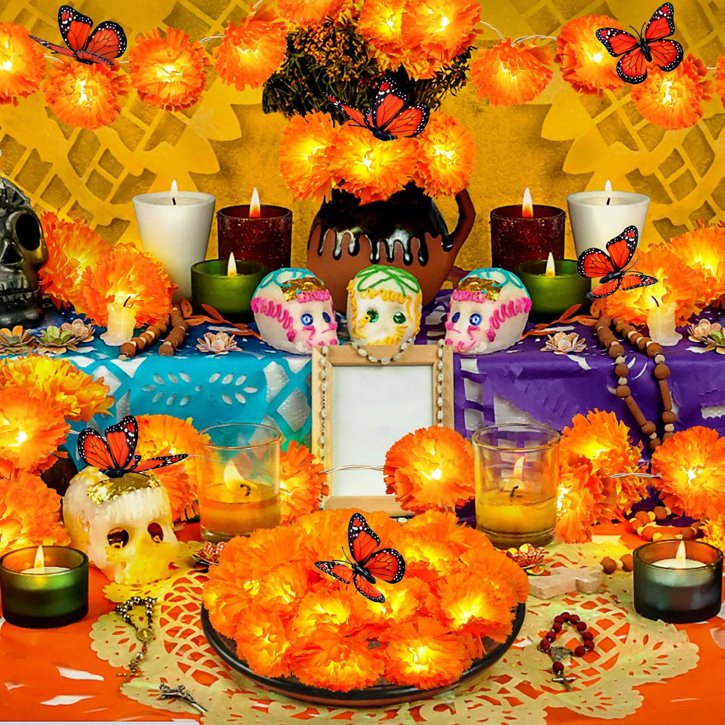 2 Pack Day of the Dead Decorations Total 13.1Ft Marigold Garland for Decoration, 40 Lighted Artificial Marigold Flowers 12 Butterfly for Dia de Los Muertos Indian Diwali Altar Halloween Home Decor