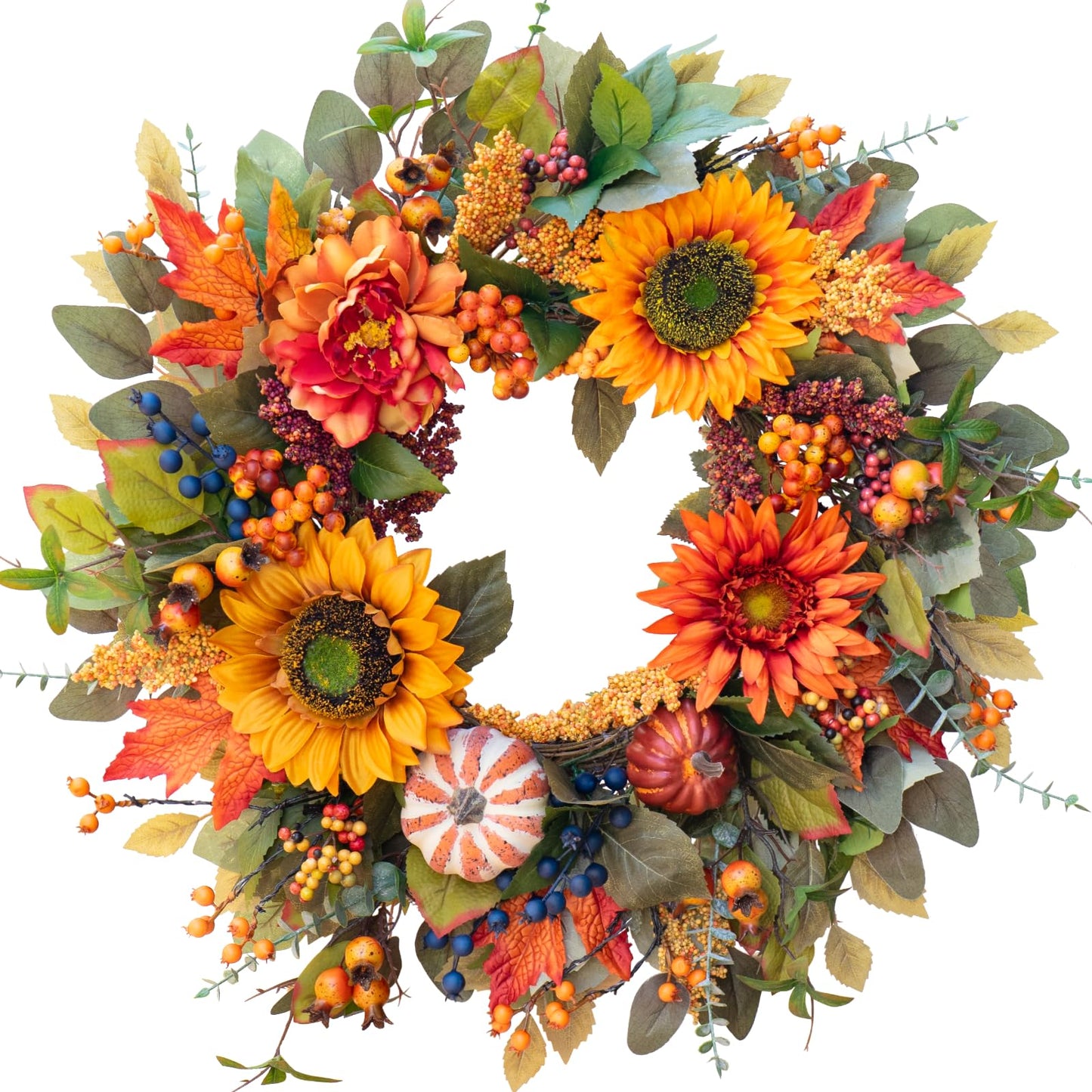 Fall Wreaths for Front Door – 24 Inch Autumn Wreath with Pumpkins, Sunflowers, Berries & Maple Leaves – Fall Door Wreath for Outdoor Thanksgiving, Halloween & Harvest Decor