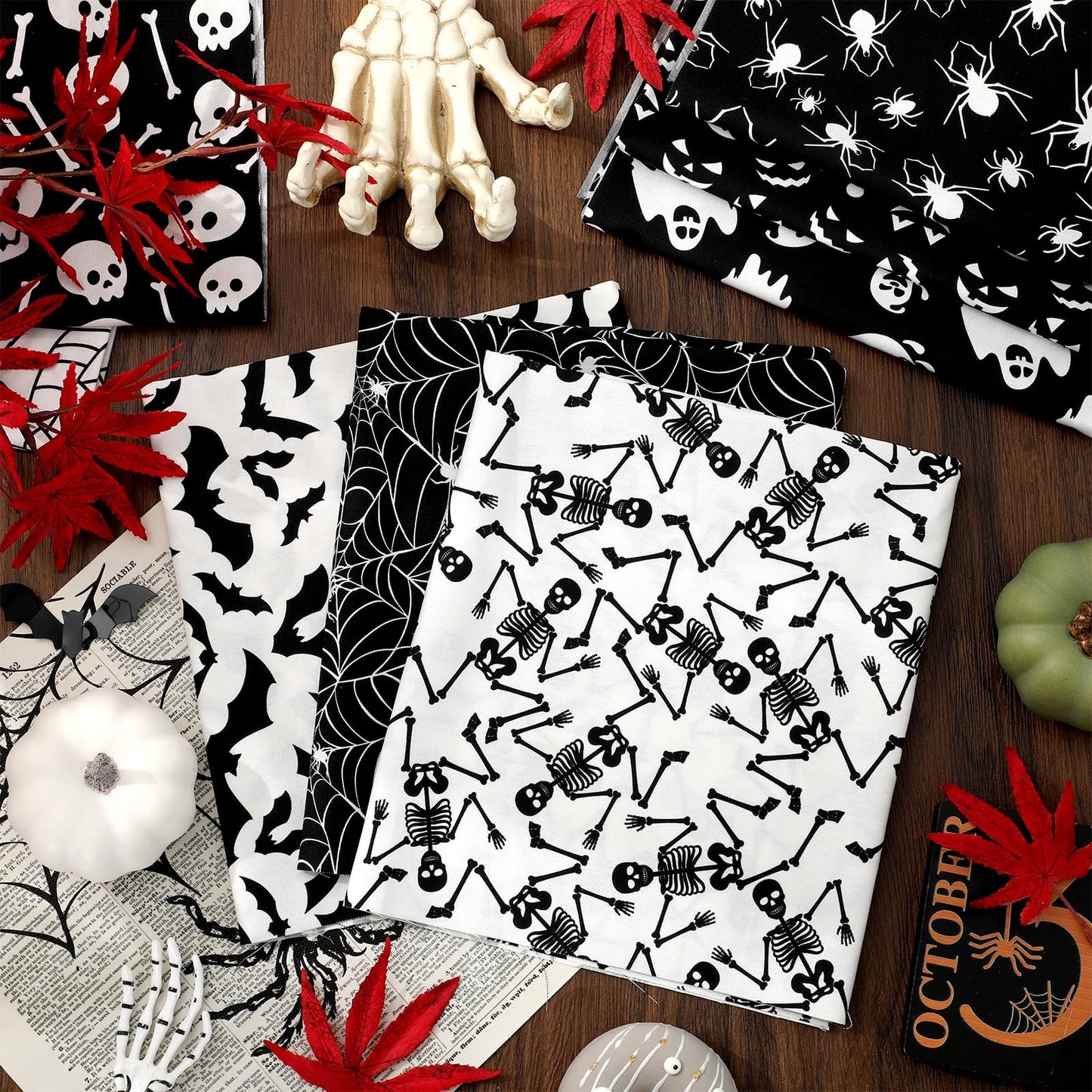JarThenaAMCS 8Pcs Halloween Cotton Fabric Bundles Ghost Skull Bat Spider Web Fat Quarters Spooky Black White Quilting Patchwork for DIY Sewing Craft Decor, 18 x 22 Inch