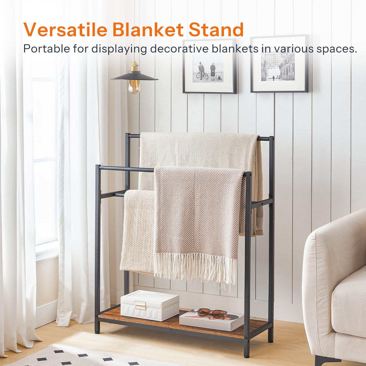 HOOBRO Extra Large Free Standing Towel Rack, 3 Tier Blanket Rack, Blanket Holder for Bathroom, 32.3" L x 11.4" W x 39.4" H, for Living Room, Bedroom, Rustic Brown and Black BF30LB01