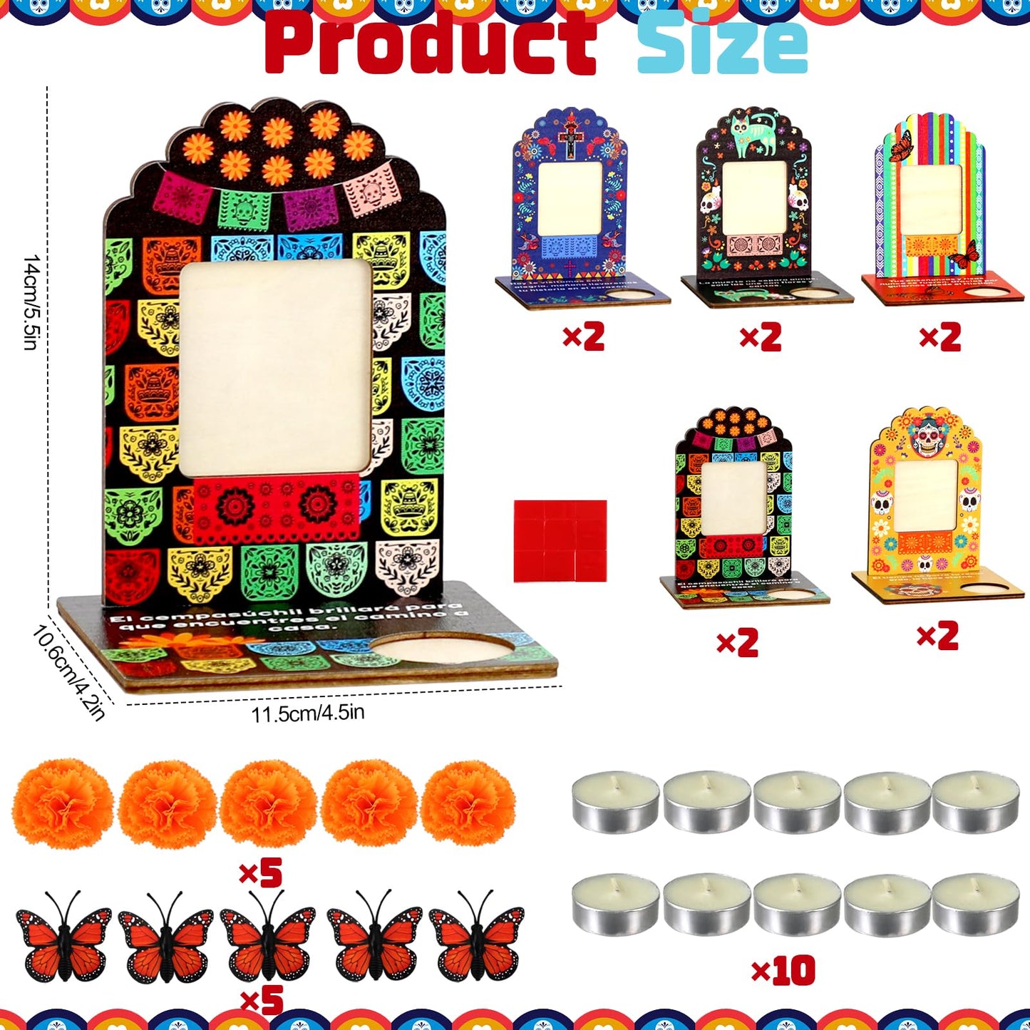 Dia De Los Muertos Decorations Picture Frames, Day of the Dead Altar with Candle, Marigold, Artificial Monarch Butterfly, Dia De Los Muertos Altar Kit Mini Sugar Skull Style Ofrenda Decorations