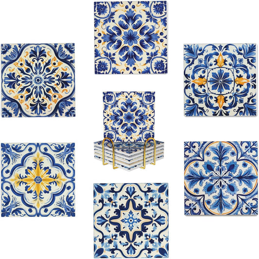 Absorbent Ceramic Coaster for Drinks Set of 6, Blue Vintage Spanish Floral, with Cork Base and Golden Holder, Gift for Housewarming Room Bar Decor (Azulejo Tile-Square-1)