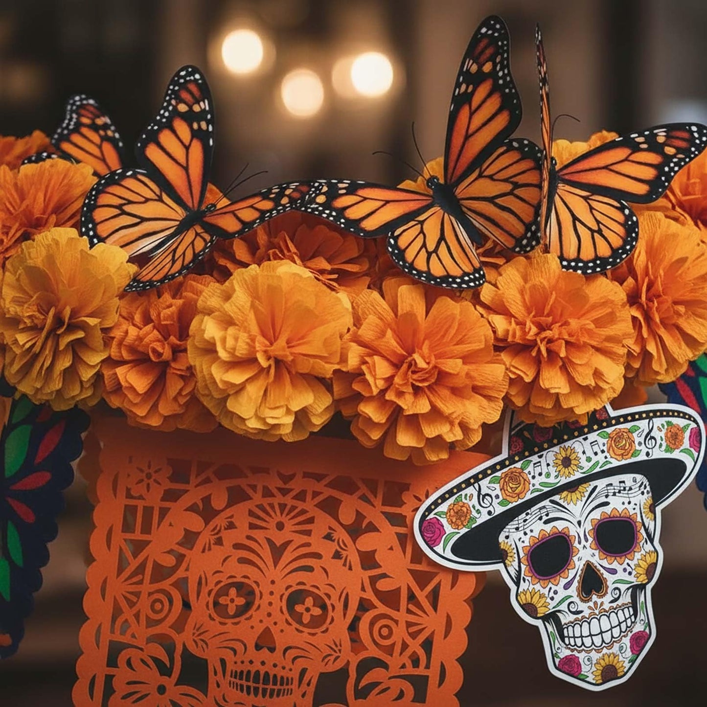 Day of The Dead Calavera & Papel Picado Banners Dia De Los Muertos Day of The Dead Party Decor with Monarch Butterfly Artificial Marigold Day of The Dead Flag Butterfly Decoration