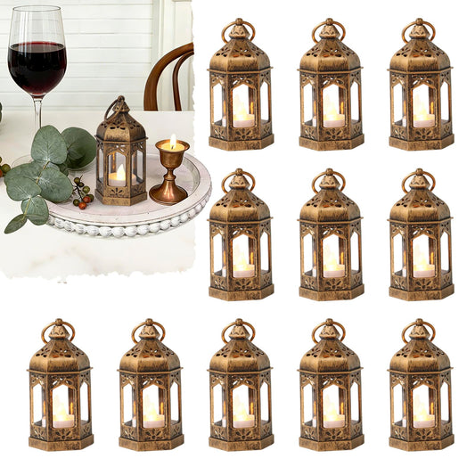 Reperla Mini Moroccan Lanterns with LED Tealight Set of 12, Vintage Brown Decorative Hanging Lanterns for Ramadan, Christmas, Halloween, Wedding, Fairy Party Decorations, Table Centerpiece