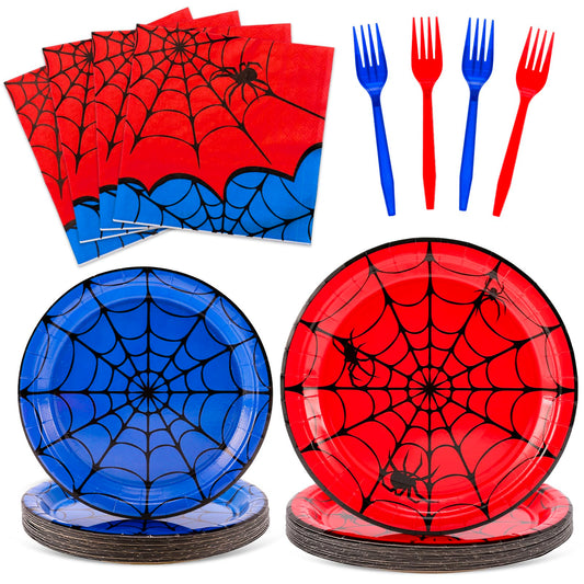 JarThenaAMCS 96 Pcs Spider Tableware Sets Serves 24 Guests Red Blue Spider Web Plates Napkins Forks Disposable Dinnerware for Halloween Birthday Party Favors