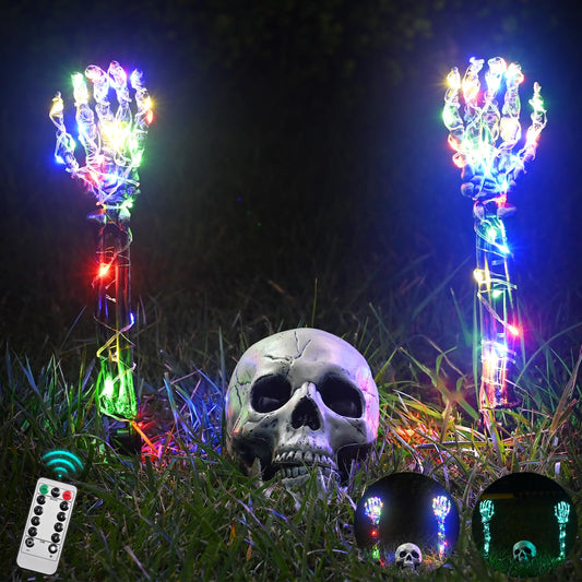 Halloween Decorations Outdoor Lighted Skeleton Decor & Skull Arm Stakes with 1 Remote Colored Lights (8 Light Modes & Timing Function), 2 Green Lights (3 Modes), for Outdoor Yard Garden Graveyard