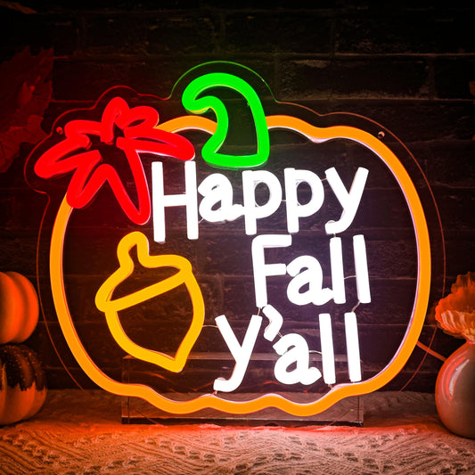 Happy Fall Y'all Neon Sign,Thanksgiving Pumpkin Neon Sign Thanksgiving LED Neon Light Sign Thanksgiving Decorations for Autumn Room Bedroom Table Wall Decor Kids Holiday Gift USB Powered