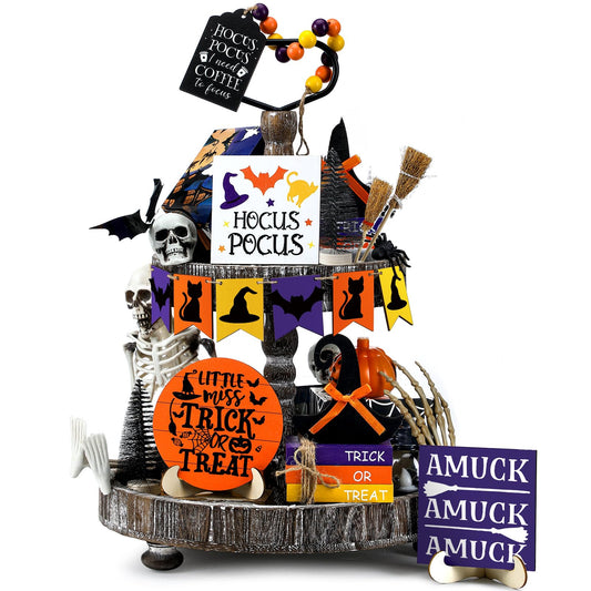 Wonderjune 19 Pcs Halloween Hocus Pocus Tiered Tray Decor Coffee to Focus Witch Table Decor with Wooden Signs Bead Garland Farmhouse Rustic Halloween Decorations for Home Table Party Supplies