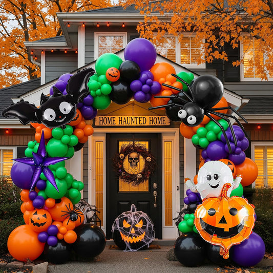 Halloween Balloon Garland Arch Kit 100+pcs Orange and Black Purple green balloons with Spooky Bat Pumpkin foil Balloons spider web for fall Halloween Party spooky-themed birthday Decorations