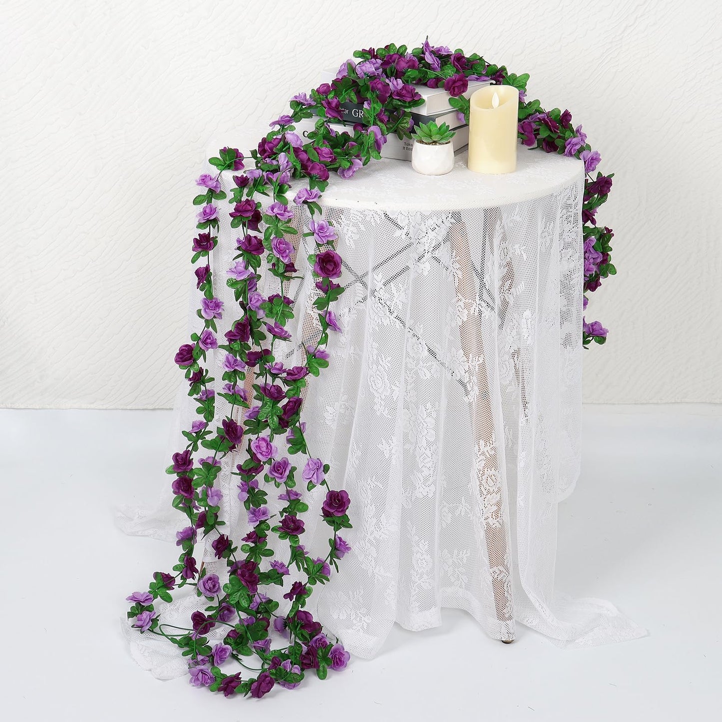 KHOYIME 5 Pack 40 FT Artificial Flower Garland, Fake Purple Roses Vines Silk Flowers Faux Plastic Outdoor Hanging Floral Ivy Garland Decoration for Wedding Arch Bedroom Home Wall Backdrop Room Decor