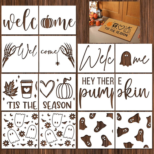 Yookeer 14 Pcs Fall Halloween Stencils for Door Mats, Reusable Pumpkin Ghost Welcome Templates for Autumn Halloween Painting on Doormat Wood Signs Wall Crafts DIY Project