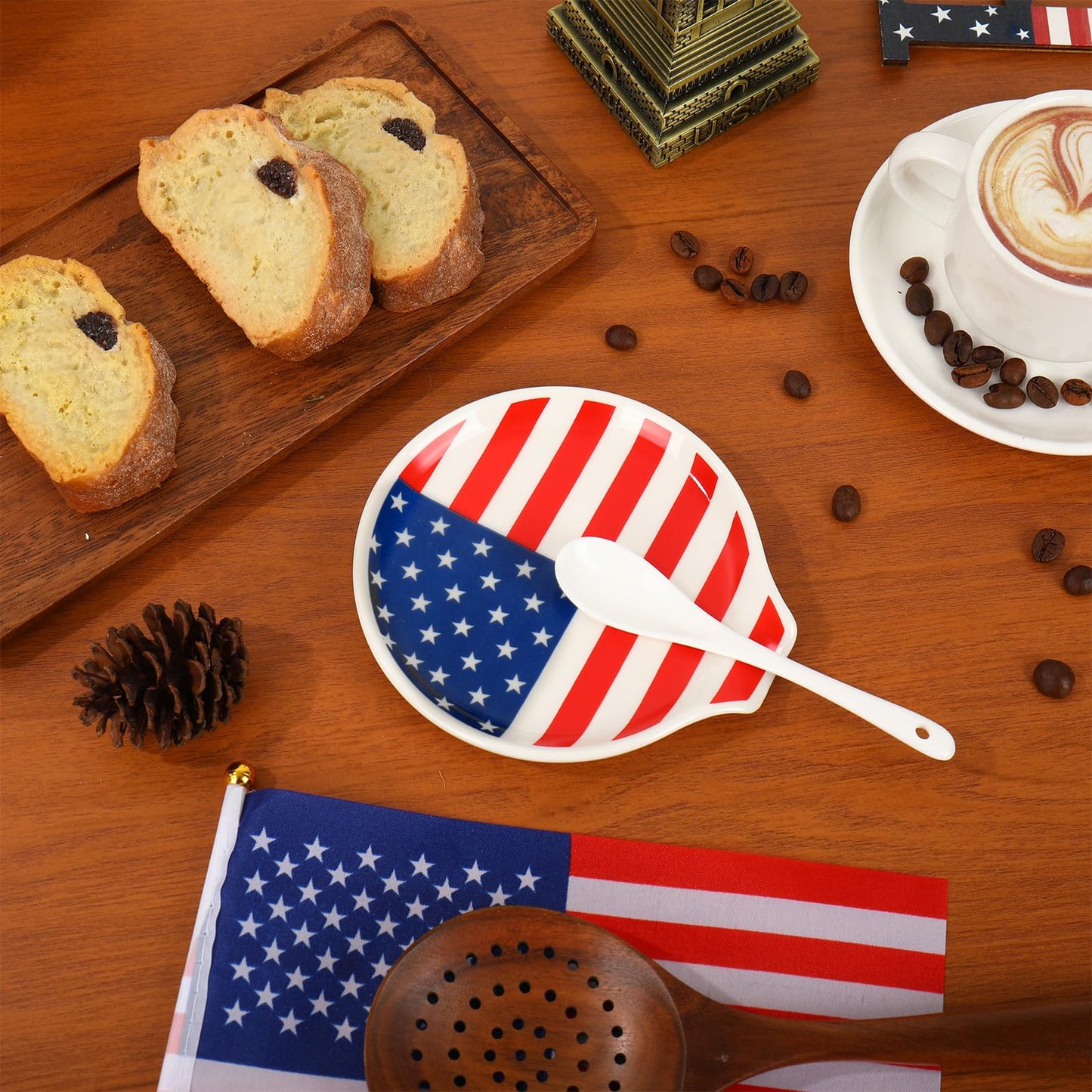 Whaline 4.7inch Patriotic Spoon Rest American Flag Star Stripe Small Coffee Spoon Holder for 250th Anniversary 4th of July Independence Day Coffee Stirrers Teaspoon Bar Coffee Station Accessories