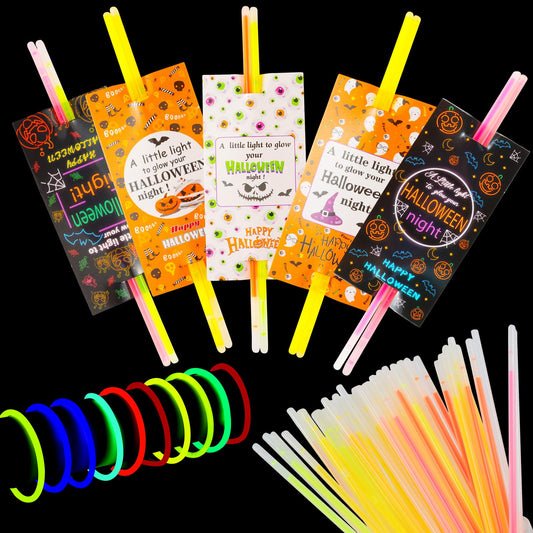 LiYiQ 50 Packs Halloween Gifts Cards with 100 Glow Sticks Let Your Light Shine Cards with Glow Sticks Pumpkin Cards for VBS Sunday Supplies (Halloween)
