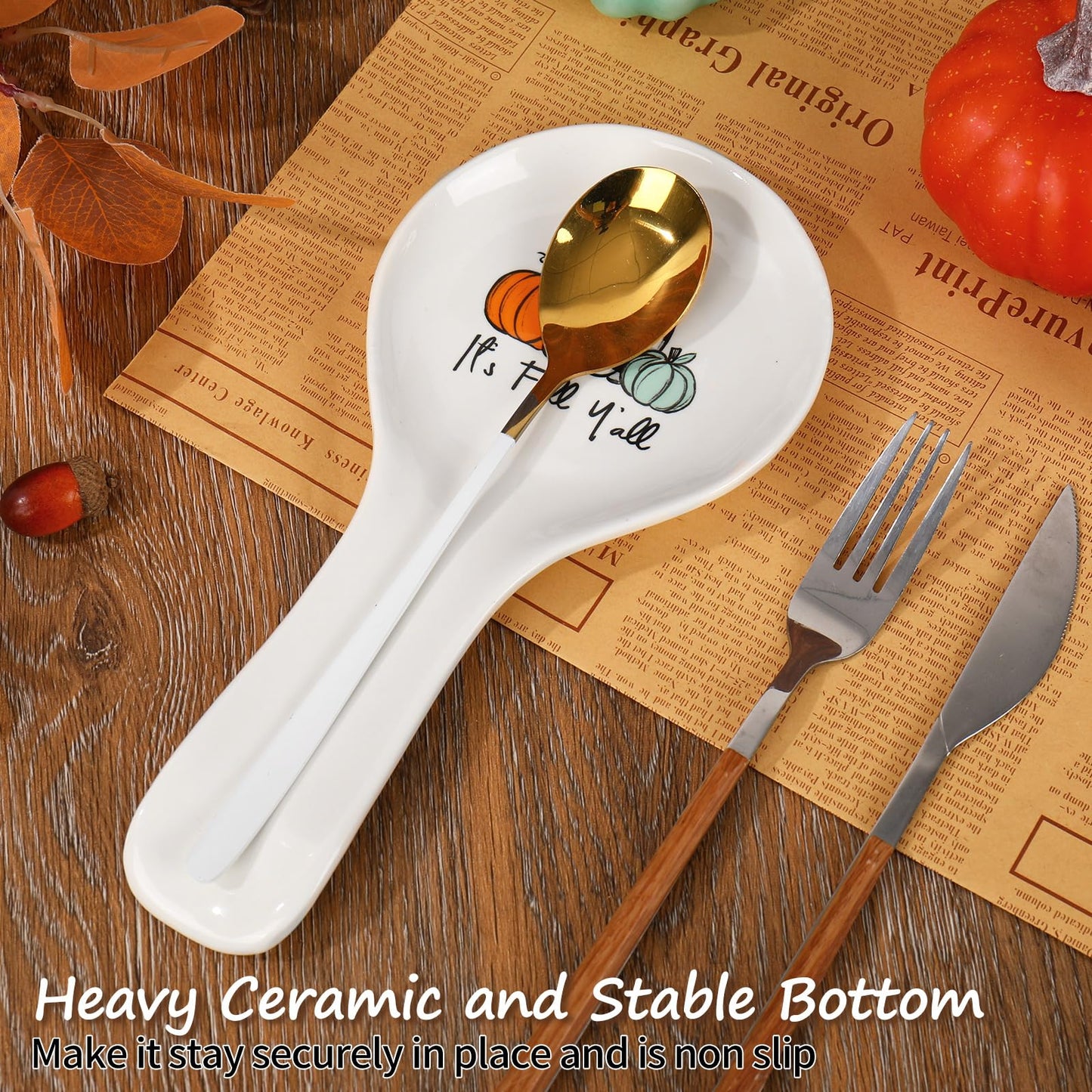 Whaline 9.4 Inch Fall Spoon Rest Orange Green Plaid Pumpkin Ceramic Utensil Rest Fall Y'all Cooking Spoon Holder for Autumn Thanksgiving Stove Top Kitchen Counter Decor