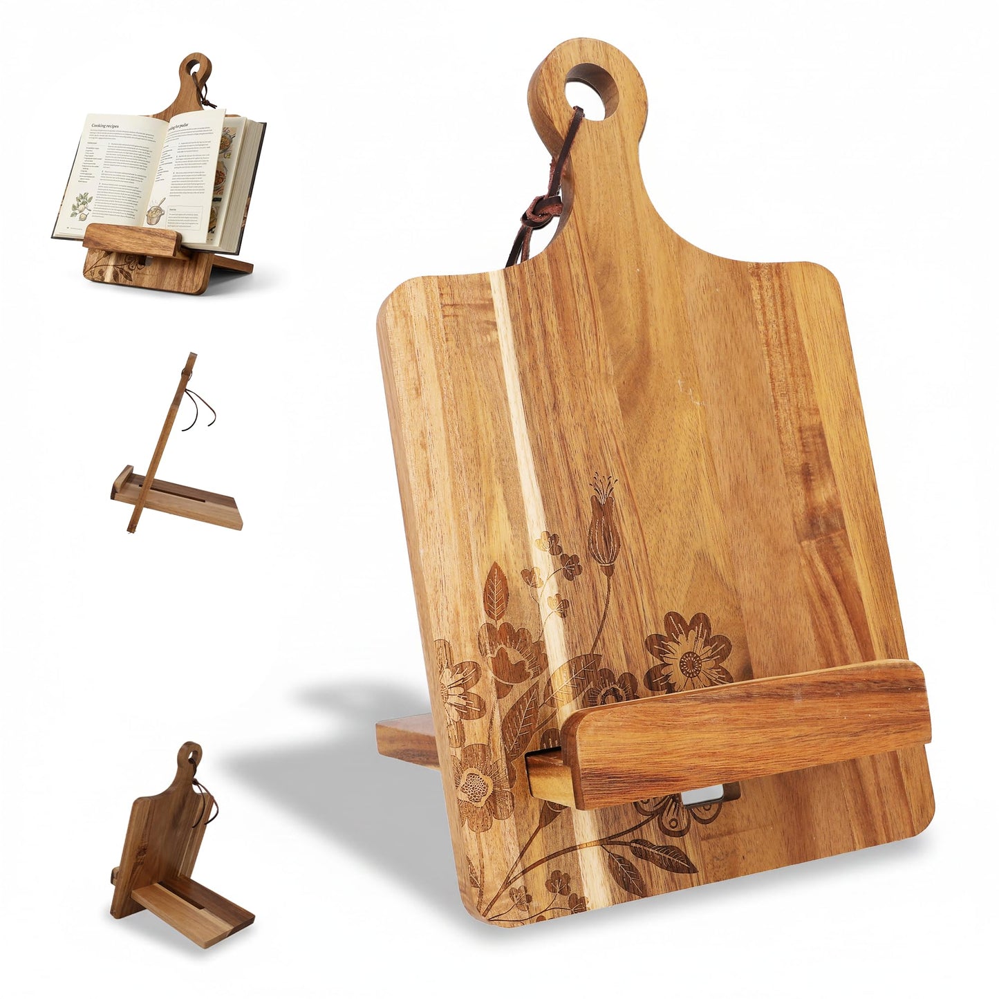 ULLAHOLM Wooden Cookbook Stand for Kitchen Counter - Reversible Recipe Book Holder with Cooking Measurement Conversion Card - Gift-Ready Adjustable Tablet Cookbook Holder Stand - 13.7"x8.2"