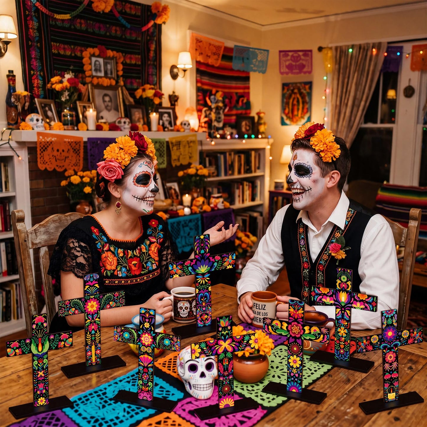 Amyhill 8 Pcs Dia De Los Muertos Altar Table Decorations Wooden Mexican Otomi Tenango Floral Folk Art Cross Centerpiece Day of The Dead Tabletop Sign Religious Cross for Home Desktop Shelf Decor