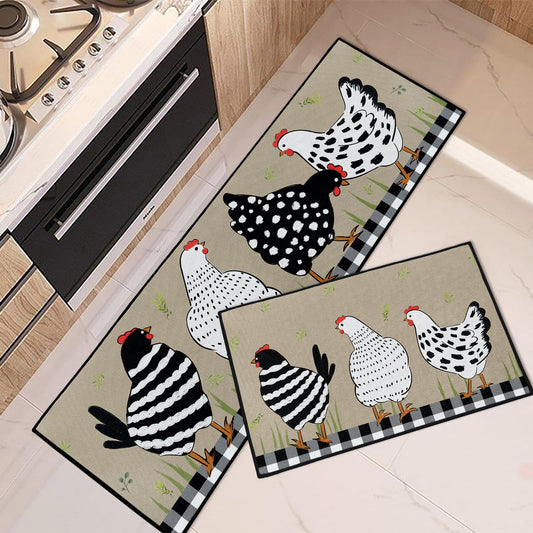 Arttown Rooster Kitchen Rugs and Mats Non Skid Washable Set of 2, Cartoon Farmhouse Chicken Mats for Floor, Black White Runner Rug, Vintage Kitchen Decor