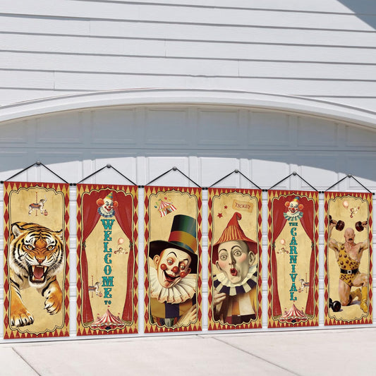 Tiamon 6 Pcs Vintage Christmas Halloween Carnival Porch Banners Retro Santa Clown Stretching Portraits Wall Decorations Gothic Porch Sign Backdrop for Xmas Indoor Outdoor Hanging Decor (Circus)