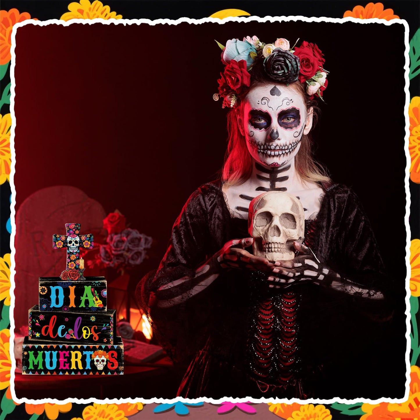 Mimorou 4 Pcs Day of The Dead Table Decorations Wooden Mexican Dia De Los Muertos Altar Centerpiece for Table Tiered Tray Decor Sugar Skull Cross Block Signs for Halloween Party Home Shelf Decoration
