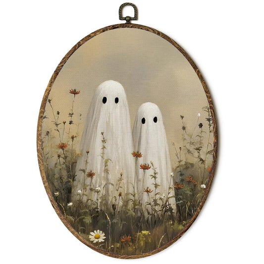 OINDADE Halloween Ghost Oval Wall Art Decor, Dark Cottagecore Fall Spooky Ghost Wall Art Hanging Decor, Halloween Spooky Ghosts Fall Season Framed Canvas Artwork for Living Room Bedroom, 8.8x11.5in