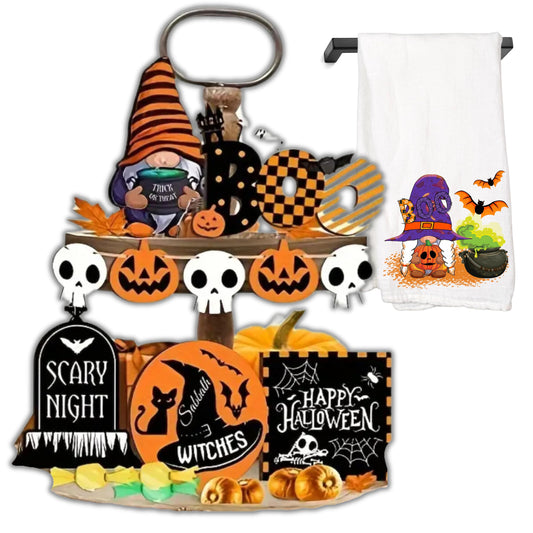 Halloween Tiered Tray Decor Set – Rustic Gnome Pumpkin Farmhouse Decorations for Kitchen, Coffee Bar & Dining Table – Wooden Fall Halloween Tray Accessories for Home Decor