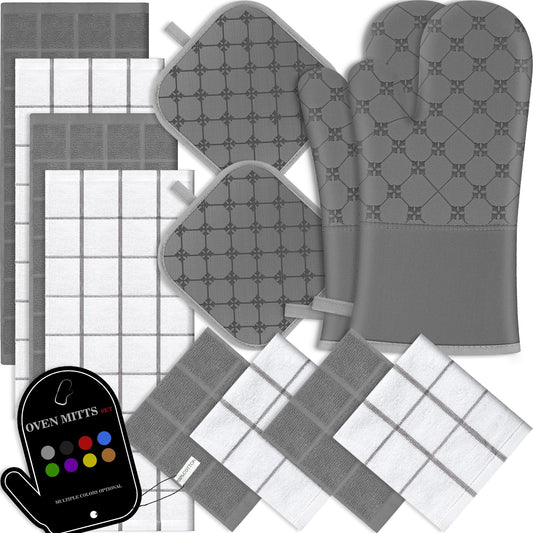 Oven Mitts Kitchen Towels Dishcloths with Pot Holders Sets 12PCS, Dish Towels Sets, Oven Gloves Pot Pads Heat Resistant 500 Degrees with Non-Slip Silicone Surface for Cooking Baking Grilling-Grey