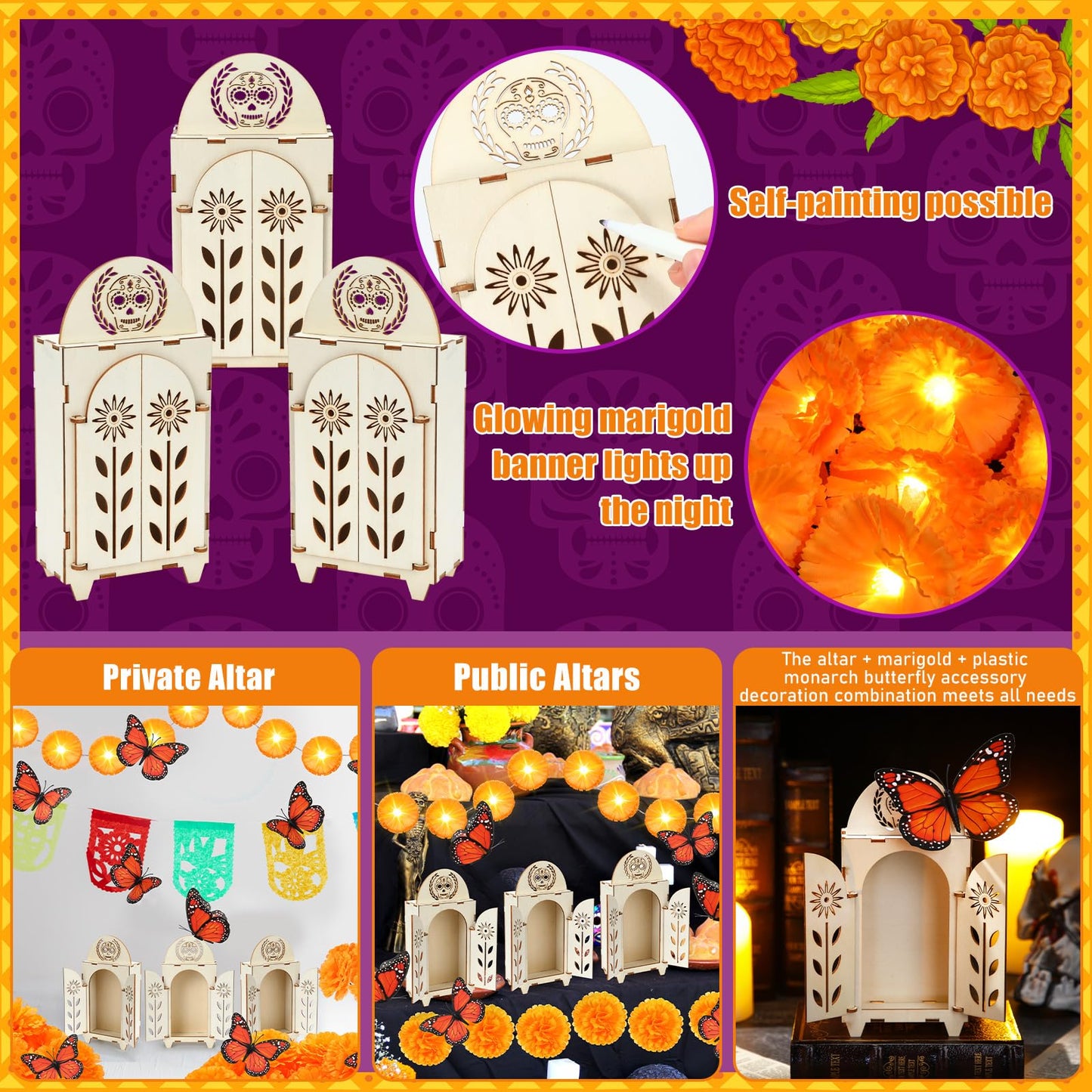 Jetec 30 Pcs Dia De Los Muertos Decoration Set Include Day of the Dead Altar Ofrenda Artificial Marigold Flowers 4.92 Feet Diwali Marigold Garland Light and Monarch Butterfly Decor(Papel Picado)