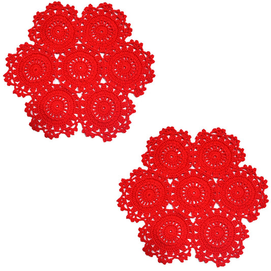 BIBITIME 2PCS Handmade Crochet Placemats 9.8 inches to 10 inches Round Spliced Sunflower Lace Table Doilies Cup Mats Coasters Easter Mother's Day,Red
