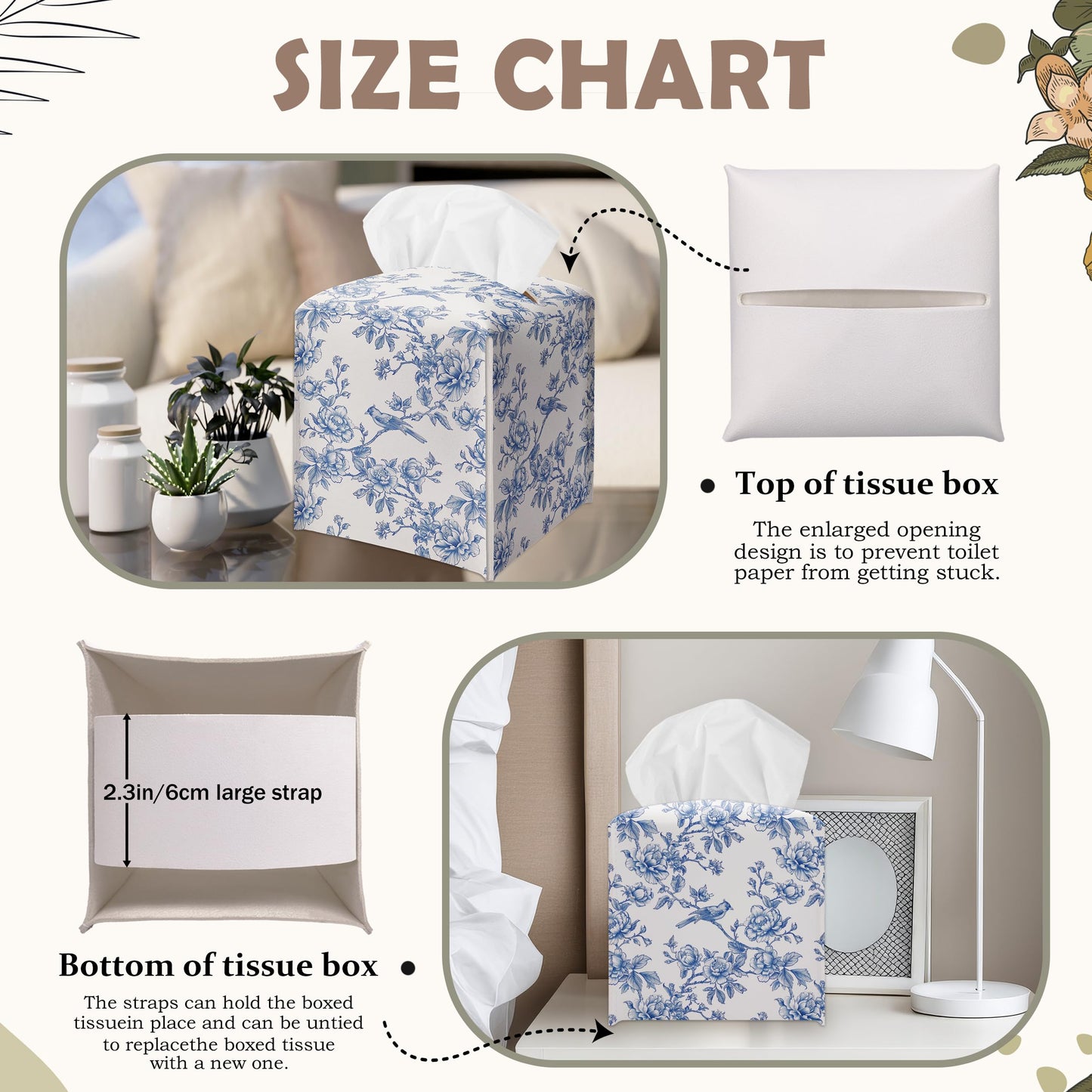 Blue Flower and Bird Decorative Square Leather Tissue Box Cover - Tissue Holder Gifts for Women and Friends on Birthday Housewarming Home Decor Decorative for Bathroom Kitchen Office Car - A08