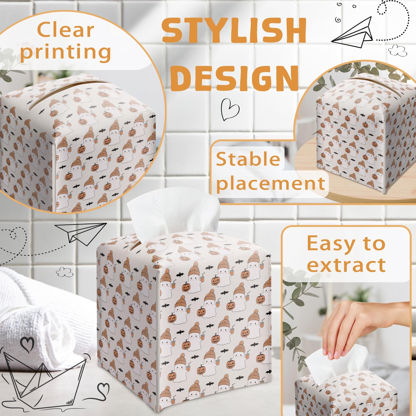 Halloween Tissue Box Holder, Cute Ghost Leather Tissue Box Cover Square, Halloween Facial Paper Organizer Dispenser Toilet Paper Holder for Bathroom Kitchen Office Home Decor-A07