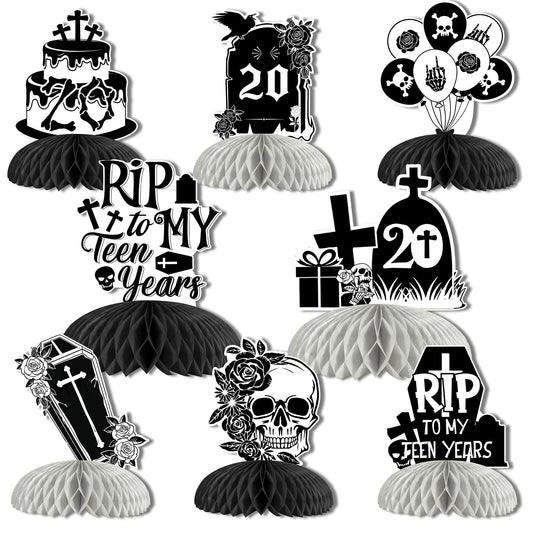 kreat4joy 8pcs Rip to My Teens Birthday Decoration Table Honeycomb Centerpiece Double-Sided Printing Black for Girl’s 20th Gothic Kissing My Teens Goodbye Hello Twenties Birthday Decoration