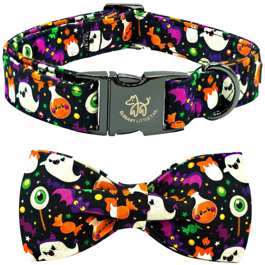 Elegant little tail Fall Dog Collar, Halloween Dog Collar Ghosts Pet Collars with Bowtie Metal Buckle Cotton Puppy Girls Boys Adjustable Pet Collars for Large Dogs