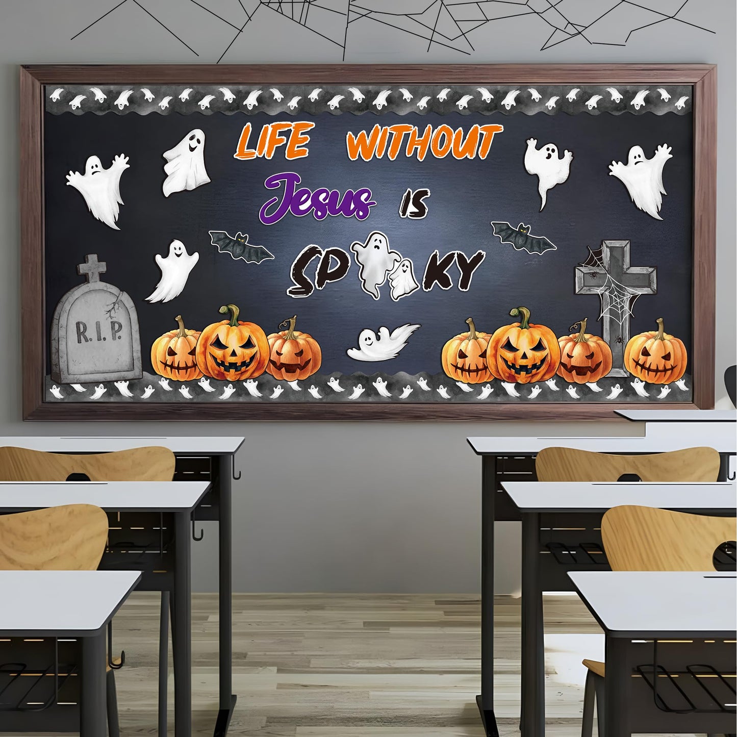 BeYumi Halloween Bulletin Board Set - 67Pcs Halloween Christian Bulletin Board Set Life without Jesus Is Spooky Cross Pumpkin Cutout Border Trim Religious Sunday School Classroom Chalkboard Wall Decor