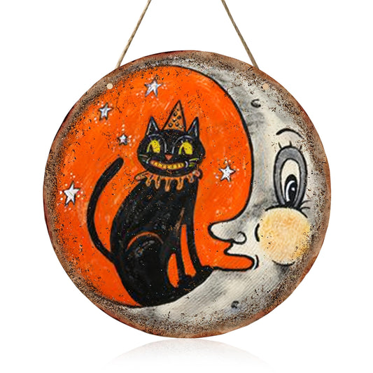 GyovinnJuwanua Halloween Cat Decor, Vintage Gothic Black Cat Moon Wall Hanging Decoration, Wooden Welcome Sign for Home Porch Door, Outdoor Indoor Party Supplies（Smile Moon）