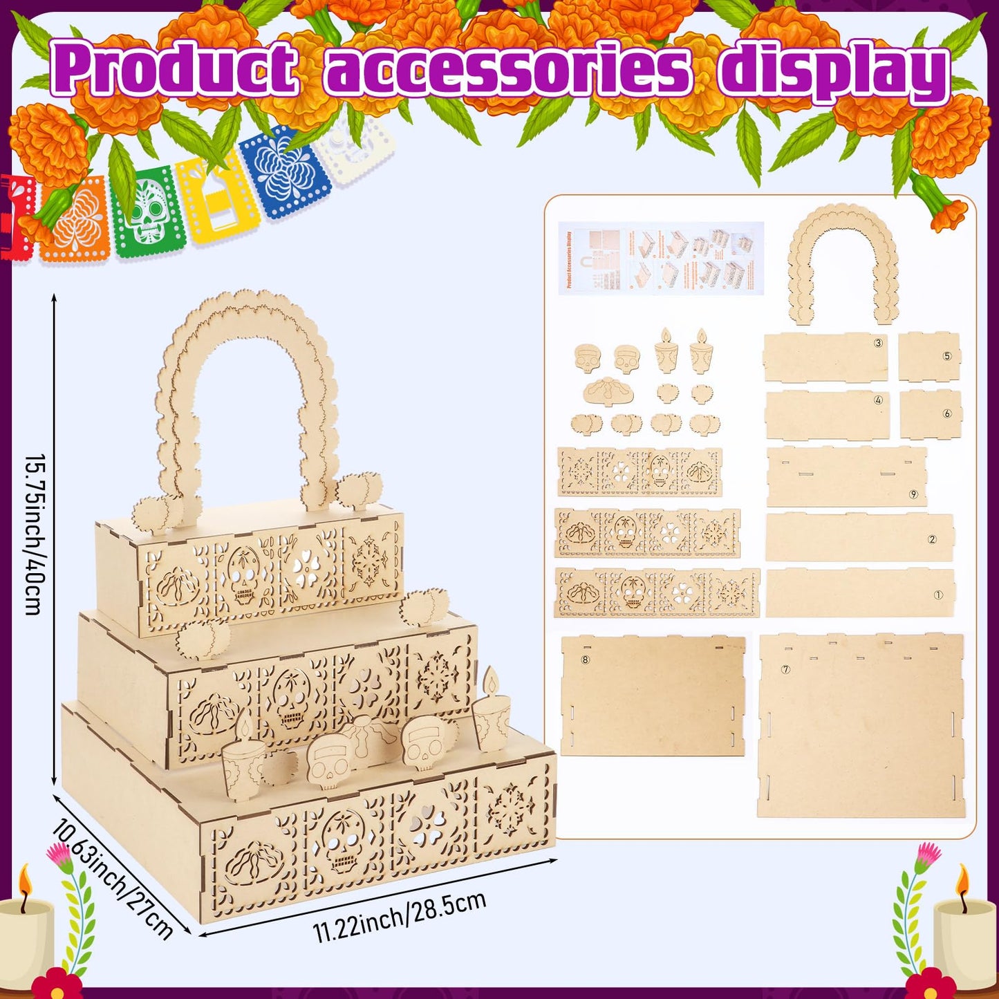 MotiMind Dia De Los Muertos Altar Ofrenda, Wooden Sugar Skull and Candle Papel Picado Day of The Dead Supplies with Photo Frame for Dia De Los Muertos Decor and Indian Diwali Decoration(Arch Style)