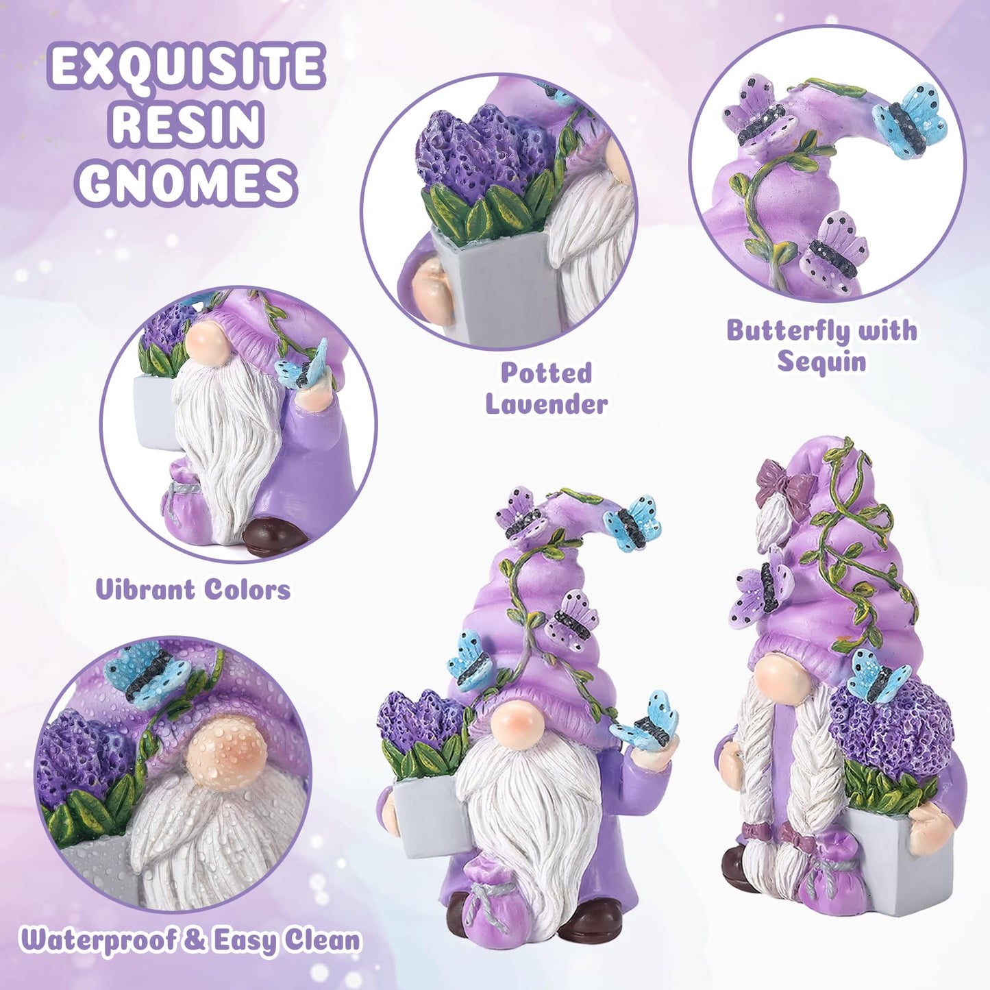 Ironlux 2Pcs Spring Lavender Gnomes Decor, Resin Purple Gnome Figurines with Butterfly, Indoor Outdoor Garden Gnomes Decorations for Home Yard, Cute Spring Gnomes Gifts for Women