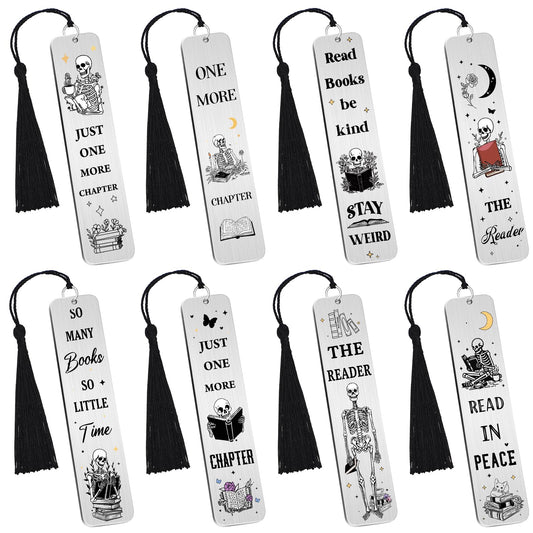 Honoson 8 Pcs Skeleton Gothic Bookmarks Funny Book Lover Bookmark Skull Novelty Metal Bookmarks with Tassels for Women Men Reading Accessories Halloween Birthday Gifts