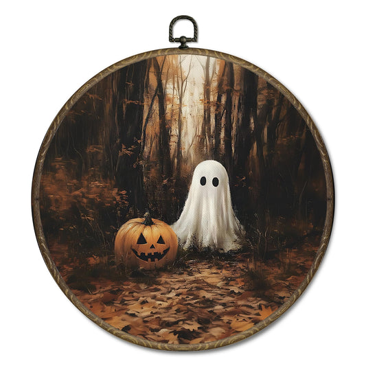 OINDADE Fall Ghost Halloween Round Wall Art Decor, Vintage Dark Cottagecore Ghost Wall Art Hanging Decor, Fall Halloween WallArt, Rustic Pumpkin Framed Canvas Artwork for Home Living Room, 10x10in