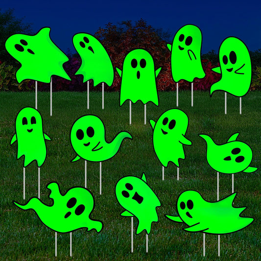 Jetec 12 Pcs Halloween Outdoor Decorations Ghost Yard Signs with Stakes Glow in The Dark Horror Ghost Halloween Decorations Luminous Plastic Sign Scary Party Outside Decor for Lawn Patio Yard Garden