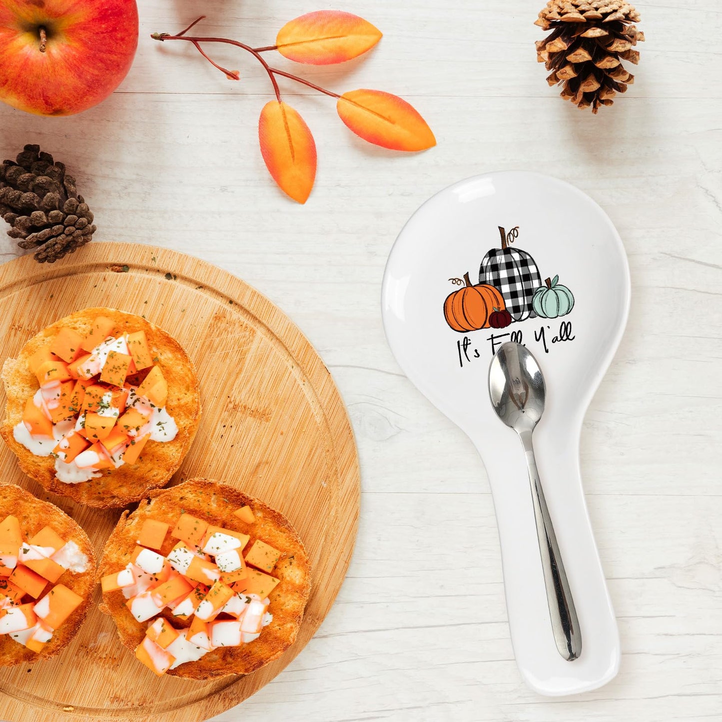 Whaline 9.4 Inch Fall Spoon Rest Orange Green Plaid Pumpkin Ceramic Utensil Rest Fall Y'all Cooking Spoon Holder for Autumn Thanksgiving Stove Top Kitchen Counter Decor