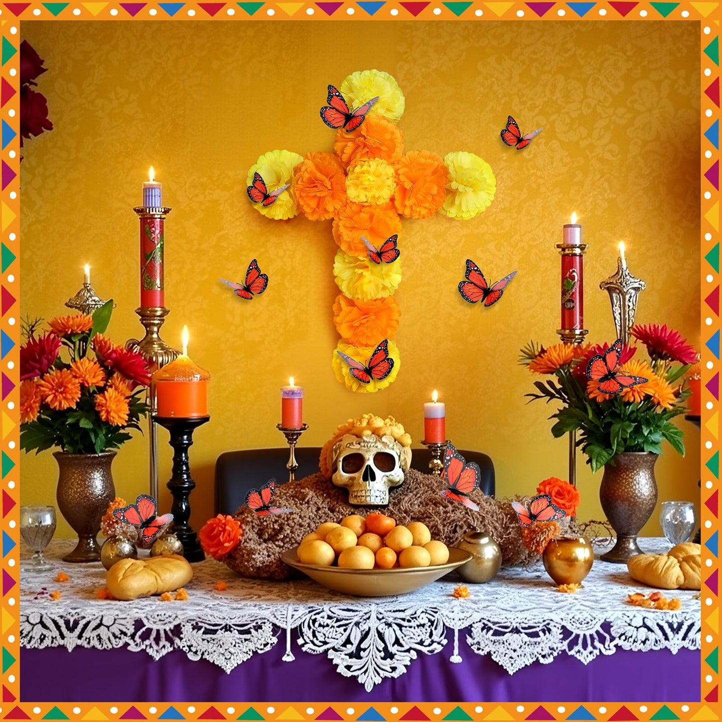 Ofrenda Decorations for Altar 17 x 13 Dia De Los Muertos Decorations Day of the Dead Decoration Marigold Mexican Cross with Artificial Butterflies Wall Decor Sign for Dia De Los Muertos Diwali