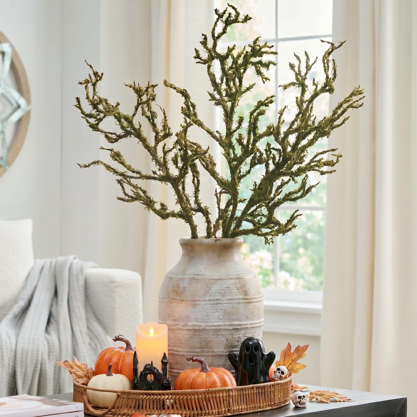 Giegxin 5 Pack 18 Inch Halloween Artificial Moss Branches Rustic Faux Greenery Twigs Bendable Fake Moss Stems for Vase Gothic Witchy Home Decor for Fall Spooky Table Centerpiece Decor