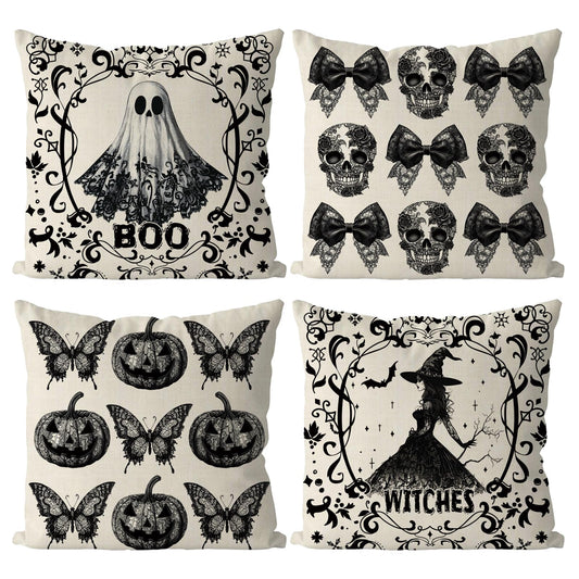 GAGEC Halloween Pillow Covers 18x18 Inch Set of 4 Ghost Witches Gothic Throw Pillow Covers Pumpkin Butterfly Spooky Farmhouse Pillowcase Couch Cushion Case for Home Sofa Living Room Decor