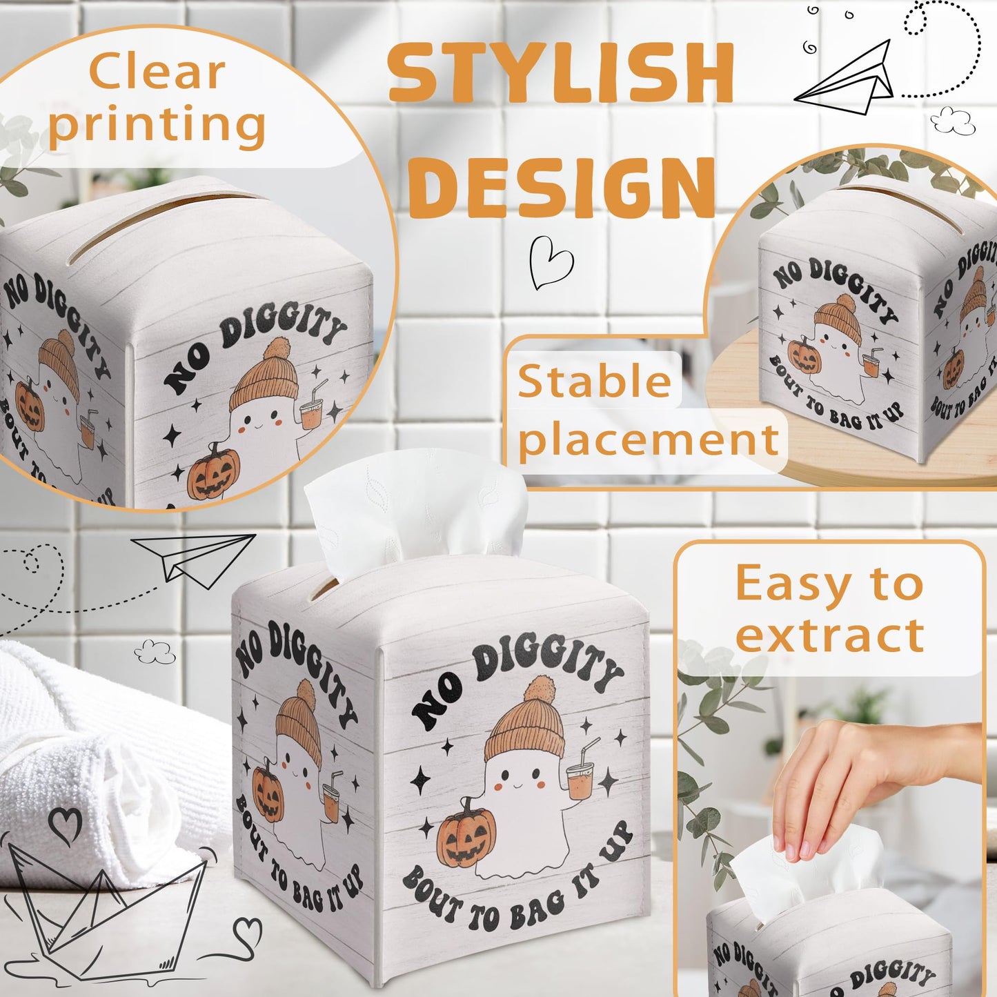Halloween Tissue Box Holder, No Diggity Bout to Bag It Up Cute Ghost Leather Tissue Box Cover Square, Facial Paper Organizer Dispenser Toilet Paper Holder for Bathroom Kitchen Office Home Decor-A06