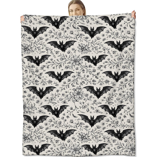 cromcu Bat Blanket Soft Lightweight, Gothic Floral Bat Pattern Flannel Throw Blankets for Bed Sofa Office RV Travel Bathroom Home Vintage Black and White Halloween Decor, Goth Lovers Gifts 60"X50"