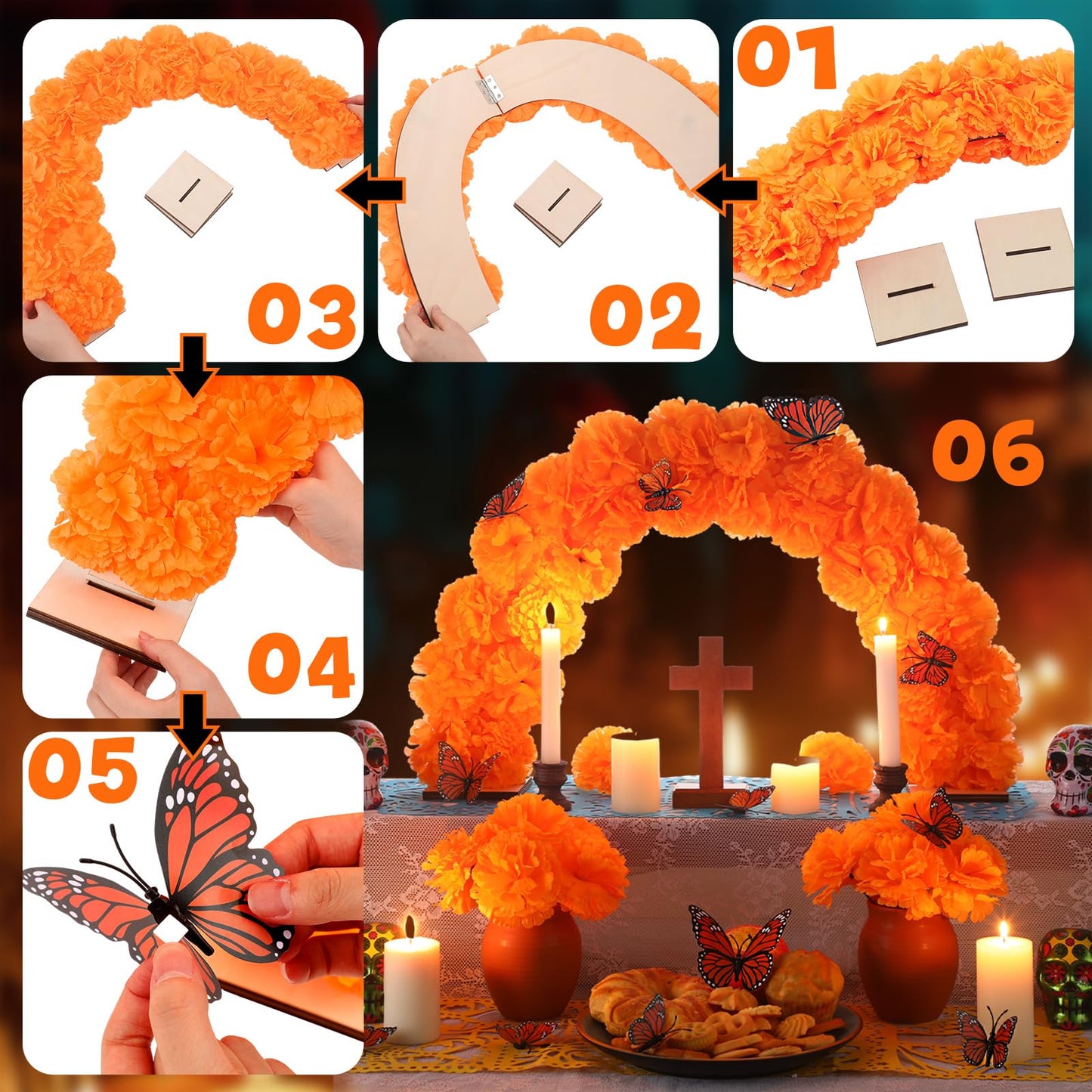 Yalikop 28 Pcs Day of The Dead Marigold Arch Kit Dia De Los Muertos Altar Decor Include Marigold Table Arch Garland with 15 Artificial Flower with Stem and 12 Pcs 3D Butterfly for Dia De Los Muertos