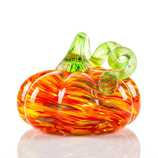 kangming Hand-Blown Glass Pumpkin, Rustic Amber Stripe Art Glass Harvest Decor, Autumn Figurine Sculpture for Halloween & Thanksgiving Table Centerpiece (Rustic Amber Stripe)
