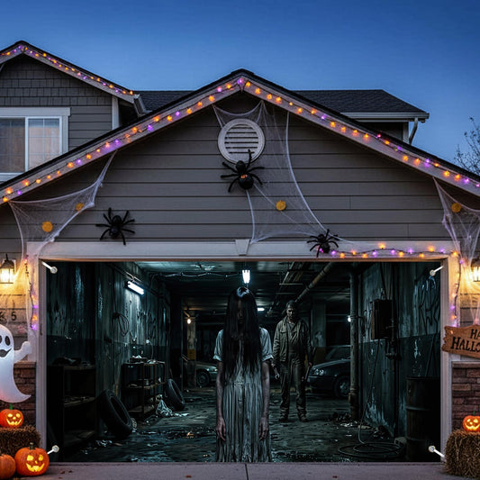 Etsyoki Halloween Scary Female Ghost Garage Door Cover Decorative Outdoor Banner, Creepy Long Hair Ghost Women Creepy Wall Decor Themed Garage Buddy Door Cover for Spooky Yard Decor 16X7FT