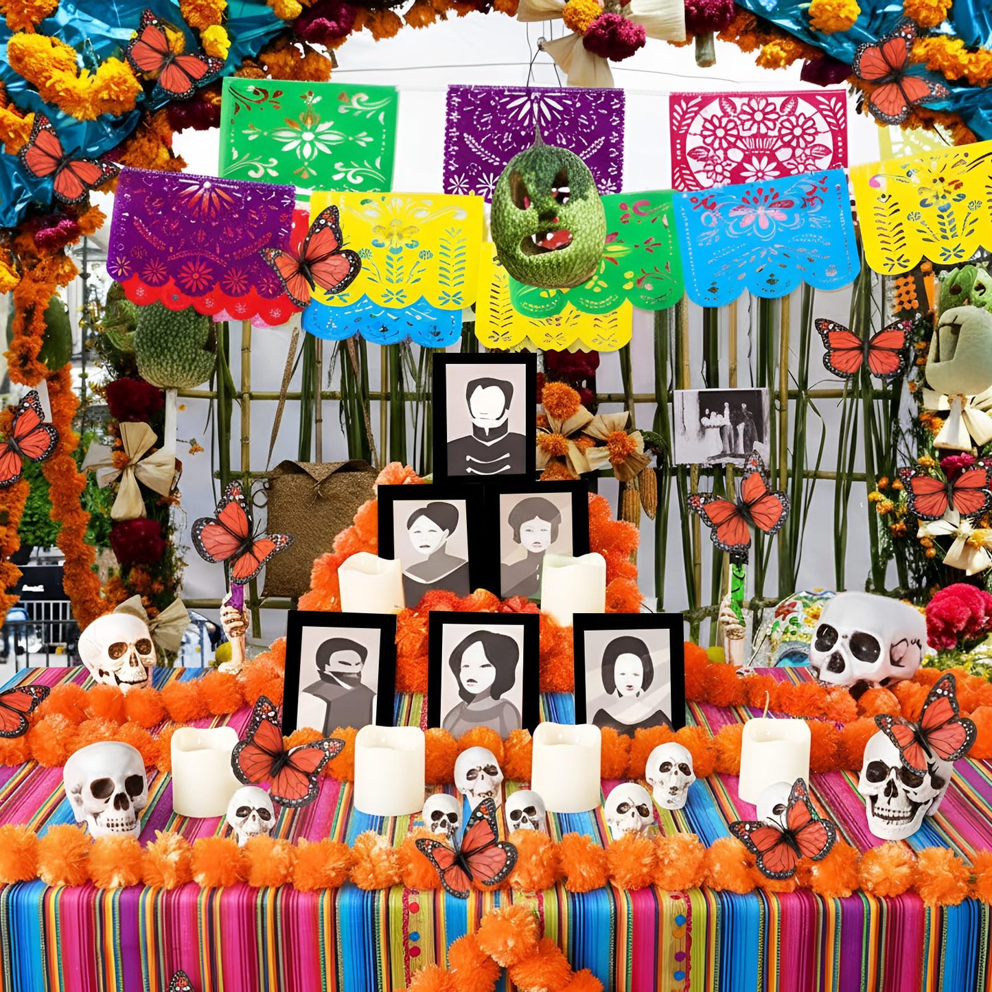 Thiccywoov 50 Pcs Dia De Los Muertos Ofrendas Altar Decorations, Day of the Dead Altar Decor Included Marigold Flower Garland Monarch Butterfly Skull Candle Frame Mexican Banner and Tablecloth