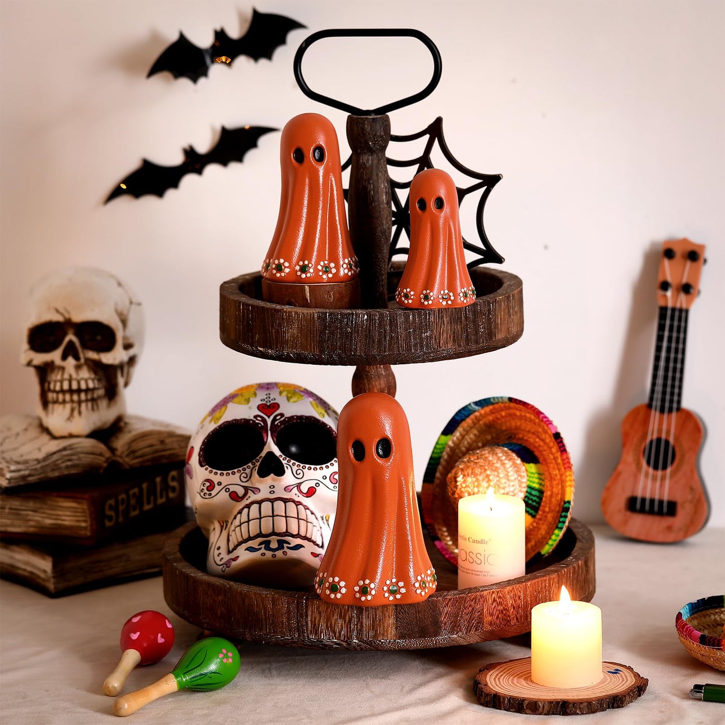 Geelin 3 Pcs Halloween Mexican Ghost Figurines Resin Halloween Muertos Terracotta Ghost Tabletop Decor Terracotta Floral Centerpiece for Mexican Xmas Home Decoration Indoor